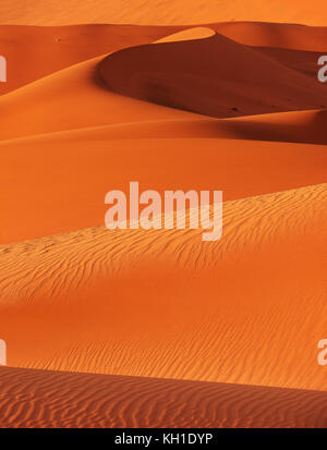 Vue verticale de lignes, courbes, formes, des crêtes, des ombres et des textures de dunes de sable rouge de sossusvlei, désert du namib, Namibie. Banque D'Images