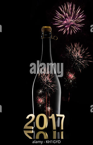 Bouteille de vin de Champagne sur noir avec concept 2017 Banque D'Images