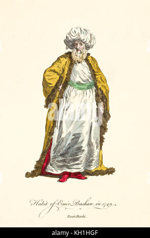 Emir pasha dans des robes traditionnelles en 1749. Manteau doré, tunique blanche, turban, barbe. Ancienne illustration de J.M. Vien, publ. T. Jefferys, Londres, 1757-1772 Banque D'Images