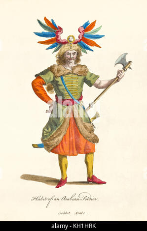 Soldat arabe en uniforme orange et vert antique tenant une longue hache. Ancienne illustration de J.M. Vien, publ. T. Jefferys, Londres, 1757-1772 Banque D'Images