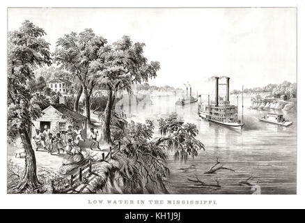 Vieille illustration représentant un faible niveau sur les eaux du fleuve Mississippi. Par Currier & Ives, publ. à New York, 1867 Banque D'Images