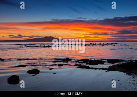 L'Île Rangitoto au lever du soleil, Auckland, Nouvelle-Zélande. Banque D'Images