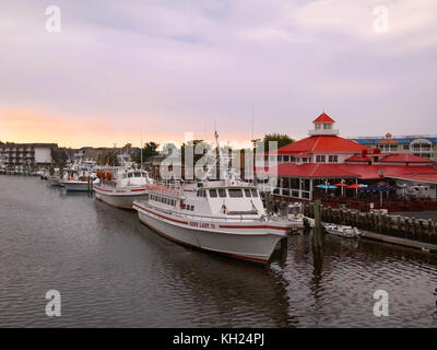 LEWES, DELAWARE - 29 août 2017 : les bateaux d'excursion et de bateaux de pêche sont amarrés dans le port au coucher du soleil dans la région de Lewes, Floride, États-Unis d'une rive est t Banque D'Images