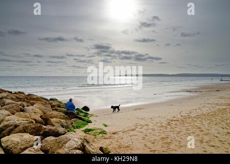 Femme et chien sur Branscombe beach Poole Dorset England UK Banque D'Images