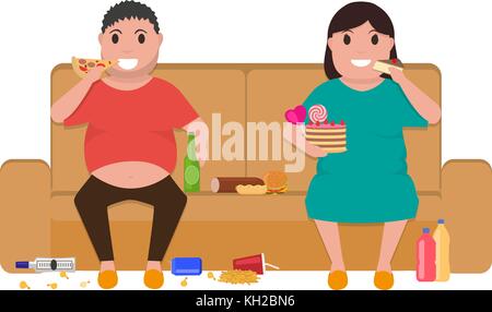 Cartoon fat man woman sitting on couch manger nourriture Illustration de Vecteur