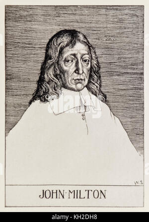 Frontispice portrait de John Milton (1608-1674) de 'Paradis perdu' par une série de 12 illustrations gravées par William Strang (1859-1921). Voir plus d'informations ci-dessous. Banque D'Images