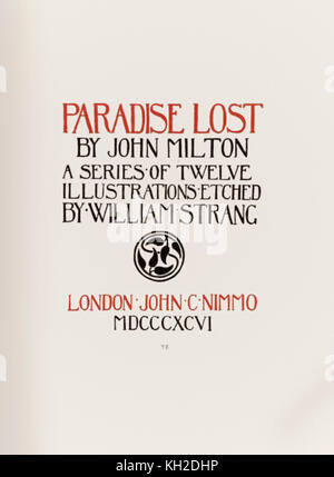 Typographie, page de titre de "paradis perdu" de John Milton (1608-1674) une série de 12 illustrations gravées par William Strang (1859-1921). Voir plus d'informations ci-dessous. Banque D'Images