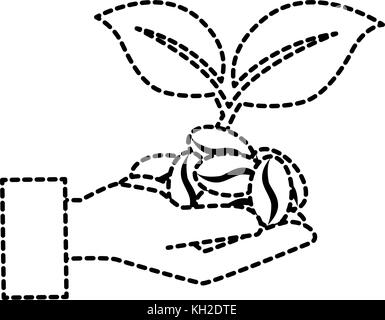 Mains avec du café et graines de plantes feuilles Illustration de Vecteur