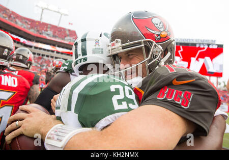 En Floride, aux États-Unis. 12 Nov, 2017. LOREN ELLIOTT | fois .Tampa Bay Buccaneers quart-arrière Ryan Fitzpatrick (14) accueille le New York Jets d'utiliser de nouveau Bilal Powell (29) à la suite d'un milieu de Bucs gagner au Raymond James Stadium de Tampa, en Floride, le dimanche, Novembre 12, 2017. Le score final est 15-10. Credit : Loren Elliott/Tampa Bay Times/ZUMA/Alamy Fil Live News Banque D'Images