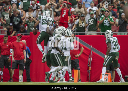 Tampa, Floride, USA. 12 Nov, 2017. New York Jets Darryl évoluait Roberts (27) célèbre après une interception contre les Tampa Bay Buccaneers au cours du deuxième trimestre chez Raymond James Stadium. Credit : Travis Pendergrass/ZUMA/Alamy Fil Live News Banque D'Images