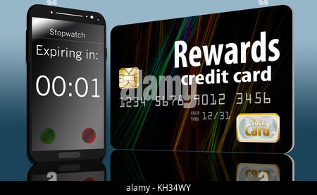 Une carte de crédit de récompense ayant une date d'expiration est affichée avec un compte à rebours de téléphone cellulaire à l'écran. Banque D'Images