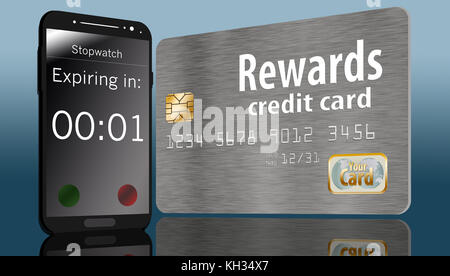 Une carte de crédit de récompense ayant une date d'expiration est affichée avec un compte à rebours de téléphone cellulaire à l'écran. Banque D'Images