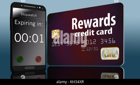 Une carte de crédit de récompense ayant une date d'expiration est affichée avec un compte à rebours de téléphone cellulaire à l'écran. Banque D'Images