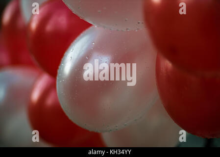 Des ballons blancs et rouges avec des gouttes de pluie Banque D'Images