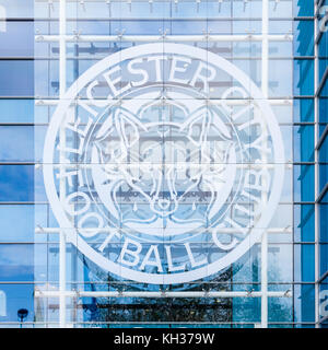 La ville de Leicester orne le badge King Power stadium en Angleterre. Le stade abrite le club de football de Leicester City. Banque D'Images