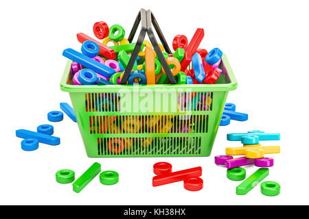 Panier plein de pour cent des symboles. Commode et concept de vente, rendu 3D isolé sur fond blanc Banque D'Images