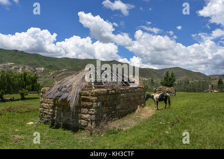 Maison construite par la moitié et le cheval dans le paysage vallonné de la région Butha-buthe du Lesotho. Le Lesotho, officiellement le royaume du Lesotho est un pays enclavé, co Banque D'Images