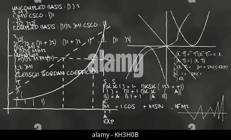 Un algorithme de rendu 3D d'une théorie avancée situé sur le tableau d'une couleur noire. Elle est couverte de tableaux, graphiques, les lignes, les chiffres et certains Banque D'Images