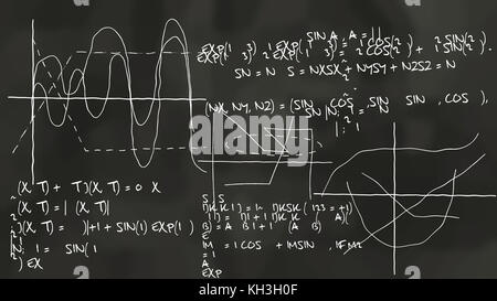 Un rendu 3D des sciences de certains théorie physique dessiné sur un tableau noir une couleur noire. Il est couvert de quelques équations, sinusoïdes, formules et cu Banque D'Images