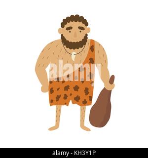 L'homme primitif de l'âge de pierre dans la peau d'animal pelt avec gros club. Illustration de Vecteur