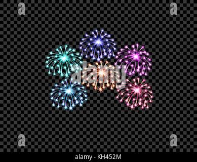 Multi-couleur festive d'artifice salute, clignote sur un transparent checkered background illustration isolé. Illustration de Vecteur