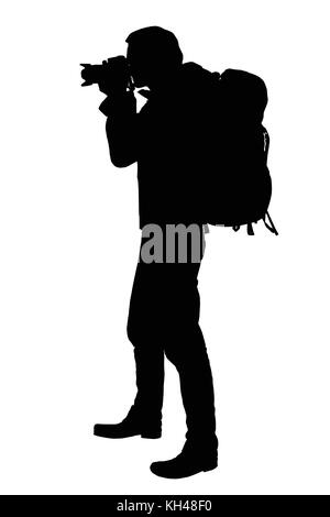 Réaliste vecteur silhouette d'un photographe permanent avec un sac à dos sur le dos, isolé sur fond blanc Illustration de Vecteur