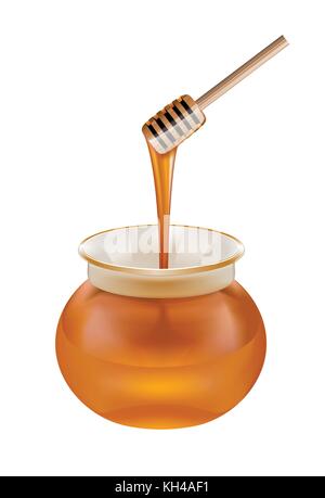Pot de miel en verre avec un drizzler isolé sur fond blanc Illustration de Vecteur