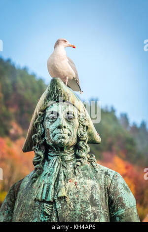 Seagull assis sur la statue de l'écrivain, essayiste, philosophe et historien Baron Ludvig Holberg, Bergen, Norvège Banque D'Images