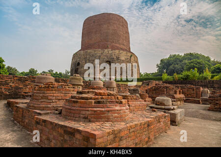 Dhamekh Stoupa s avec des anciennes ruines archéologiques de Sarnath, Varanasi, Inde Banque D'Images