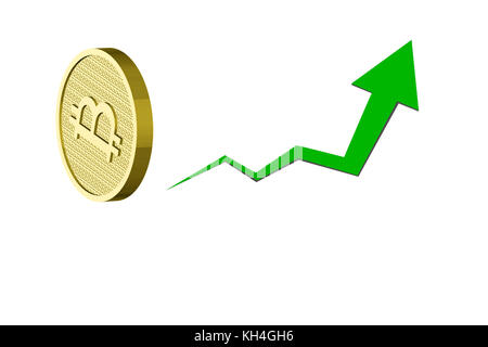 Un bitcoin sur le côté droit avec la couleur d'arrière-plan et une flèche verte qui monte. Banque D'Images