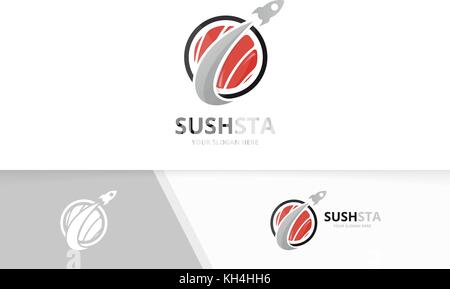 Logo vectoriel sushi et rocket combinaison. La nourriture japonaise et avion Symbole ou icône. Fruits de mer unique et logotype de vol modèle. Illustration de Vecteur