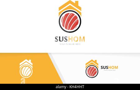 Immobilier et sushi vecteur combinaison logo. La nourriture japonaise et de la chambre d'un symbole ou icône. Fruits de mer unique et modèle de conception de logo de loyer. Illustration de Vecteur