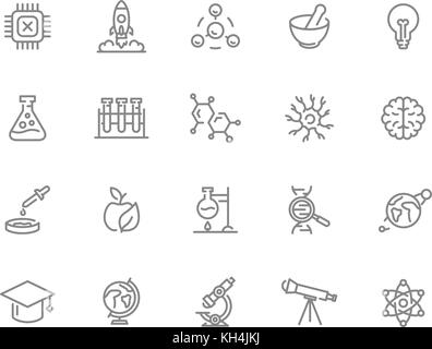 Ensemble de la science et de vecteur ligne de recherche d'icônes. Puce, rocket, atom, ion, tube, lampe, ampoule, neurone, du cerveau, de l'ADN, molécule, lab, de l'espace, microscope, télescope et plus encore. Illustration de Vecteur