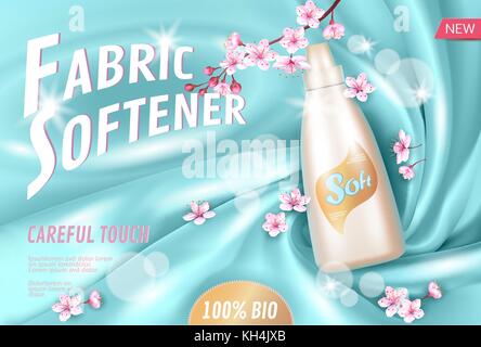 L'assouplissant fleur sakura affiche promotionnelle pétale rose. modèle blossom arôme. Direction générale de japonais package 3D réaliste d'or bleu clair en Soie satin doux background vector illustration Illustration de Vecteur