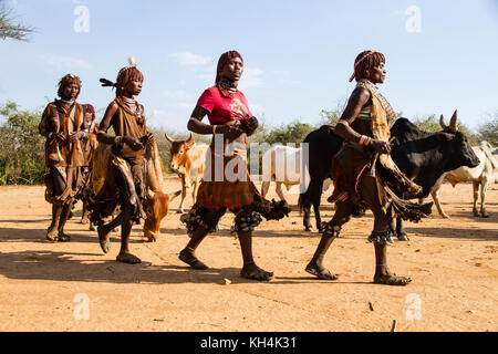 Turmi, Ethiopie - 14/11/16 : les femmes de la tribu Hamar, le chant et la danse au début de la cérémonie le saut de bull Banque D'Images