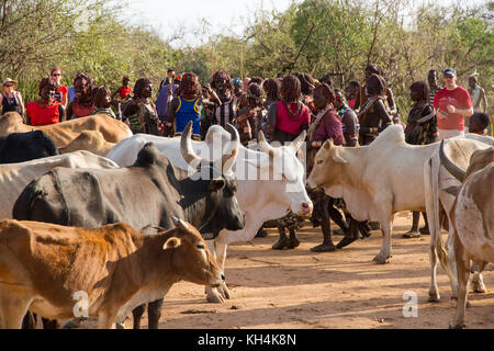 Turmi, Ethiopie - 14/11/16 : les femmes de la tribu Hamar, le chant et la danse au début de la cérémonie le saut de bull Banque D'Images