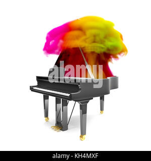 Piano brillant noir de luxe dans la scène blanche avec de la fumée arc-en-ciel. Illustration de rendu 3D. Banque D'Images