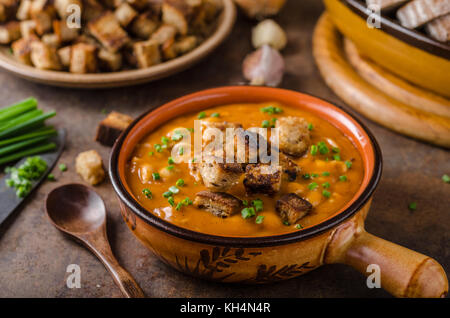 Goulash avec des croûtons de pain frais Banque D'Images