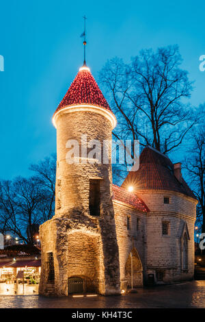 Tallinn, Estonie. célèbre de la porte Viru dans l'éclairage des rues à l'éclairage du soir ou de la nuit de Noël., noël, nouvelle année Maison de vacances à Vieux remorquer Banque D'Images