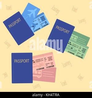 Billet avion train bus concept design avec passeport. Prêt pour voyage. vector illustration Illustration de Vecteur
