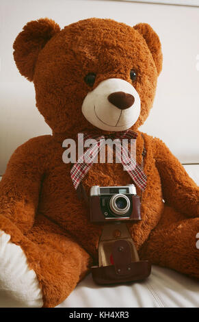 Grand ours en peluche avec vintage 35mm appareil photo. Il n'y a pas trankmarks. Banque D'Images