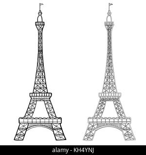 Illustration de la tour eiffel avec deux styles, dessin à la main de la tour Eifel. simple croquis style. contour noir isolé sur fond blanc. vecteur han Illustration de Vecteur