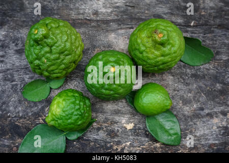 Lime kaffir ou citrus hystrix avec feuille verte sur fond sombre, sa a une grande bénéfiques pour la santé Banque D'Images