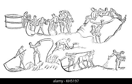 Plusieurs mois de l'activité agricole anglo-saxon au 8ème siècle l'Angleterre y compris le labour, la couture, la tonte, le glanage et la mesure de la récolte de maïs conduisant à un souper. Banque D'Images