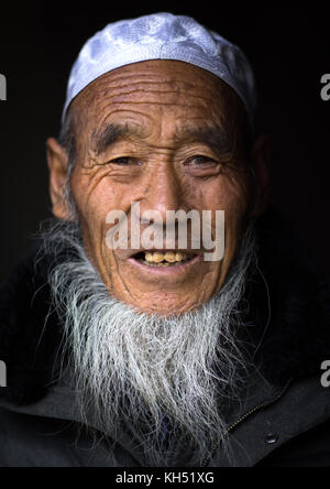 Portrait d'une minorité ethnique Salar vieil homme à barbe blanche, Province de Qinghai, Chine, Xunhua Banque D'Images