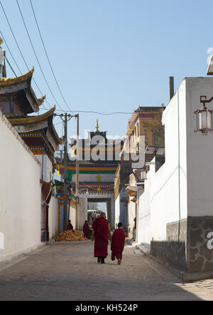 Moines tibétains marchant dans la rue de Rongwo, monastère de Tongren, comté de Longwu, Chine Banque D'Images