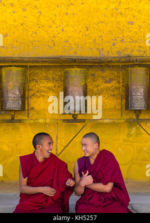 Moines de débattre en face de roues de prière dans un monastère de Rongwo, comté de Tongren, Longwu, Chine Banque D'Images