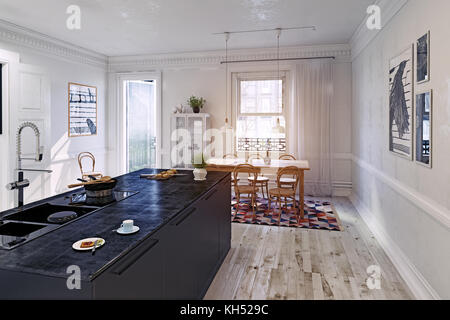 Rendu intérieur de cuisine moderne, concept blanc. illustration 3d. Banque D'Images