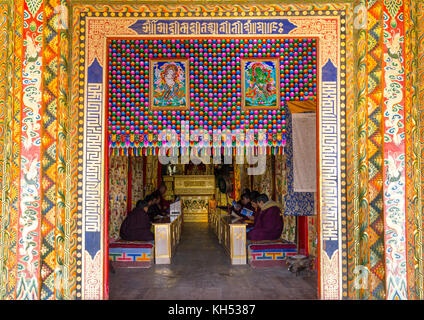 Les moines de la secte jaune hat priant dans Bongya monastère, province de Qinghai, Mosele, Chine Banque D'Images