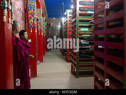 Écritures tibétain imprimée à partir de blocs de bois à Barkhang bibliothèque, province de Gansu, Chine, Labrang Banque D'Images
